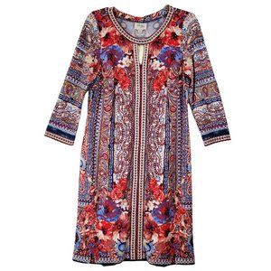 Beige By ECI Women's NWT 8 Dress Keyhole Round Neck 3/4 Sleeve Red Blues Floral